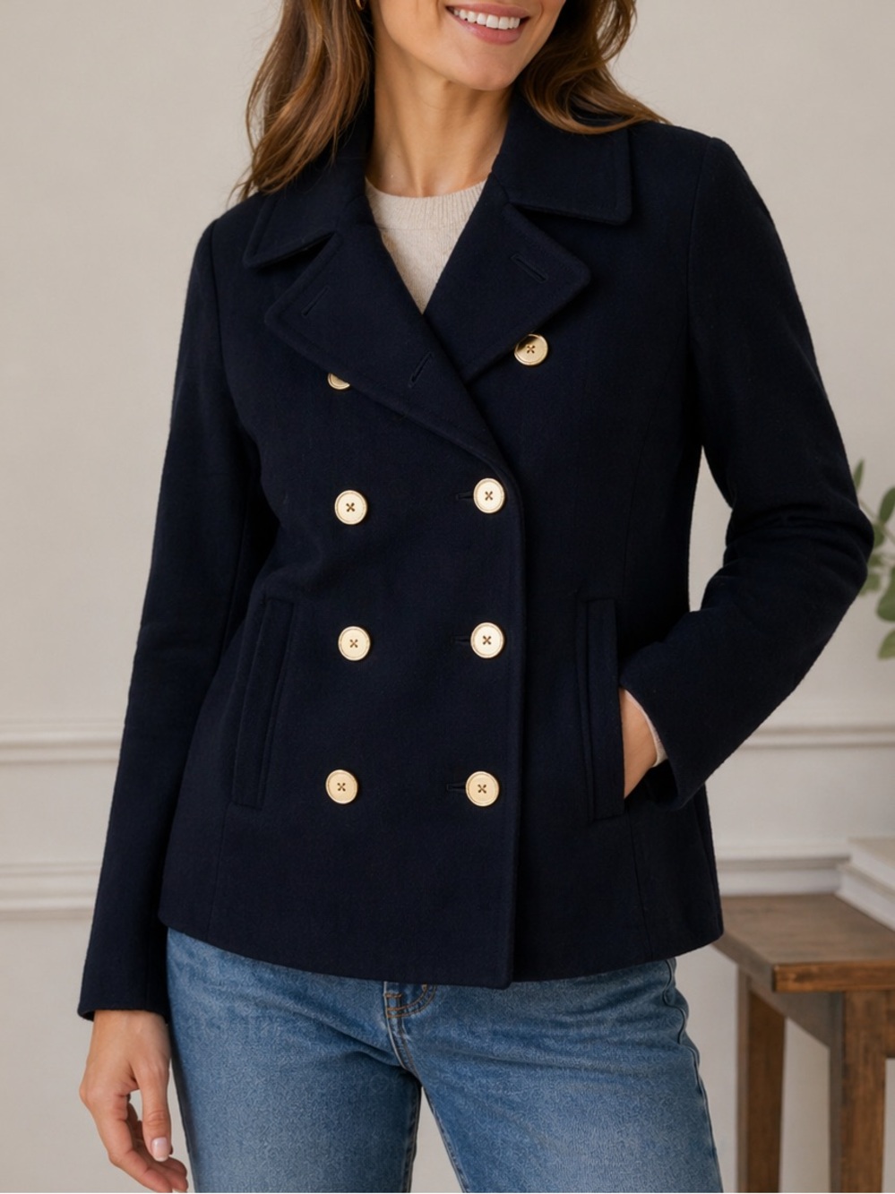 J. Crew Midnight Blue Pea Coat with Gold Buttons Wool & Cashmere Womens Size 4